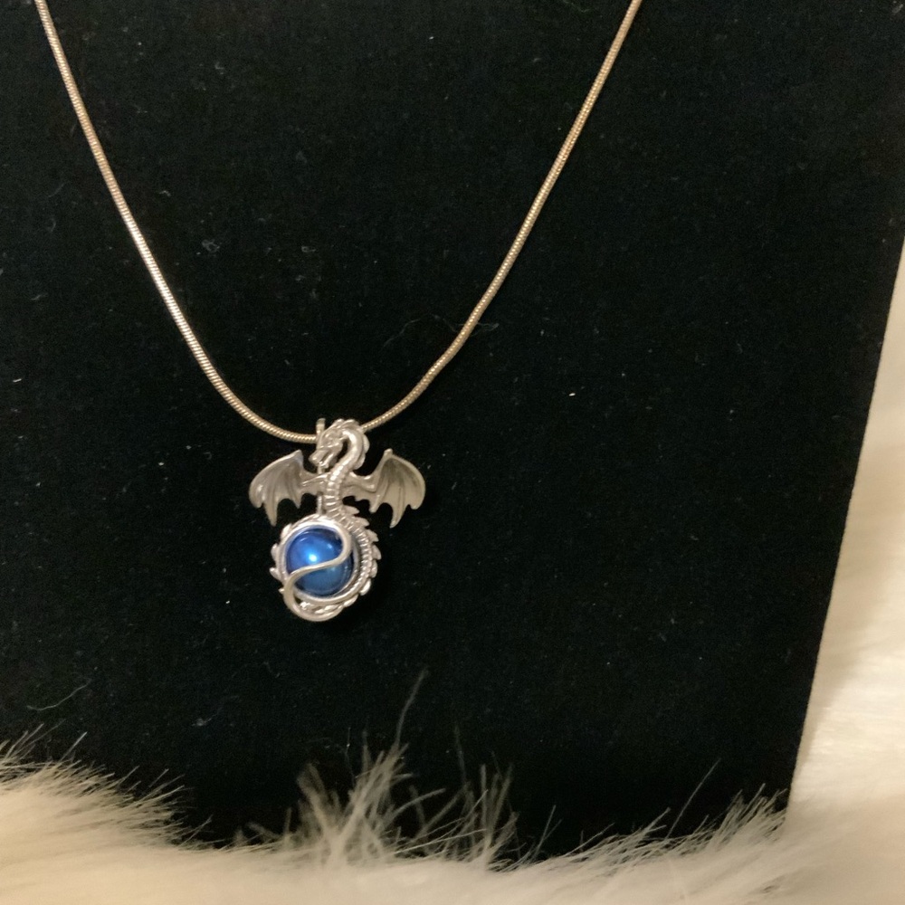 Silver Dragon Pendant Necklace with Blue Pearl